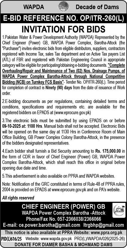 WAPDA Lahore Tender Notice